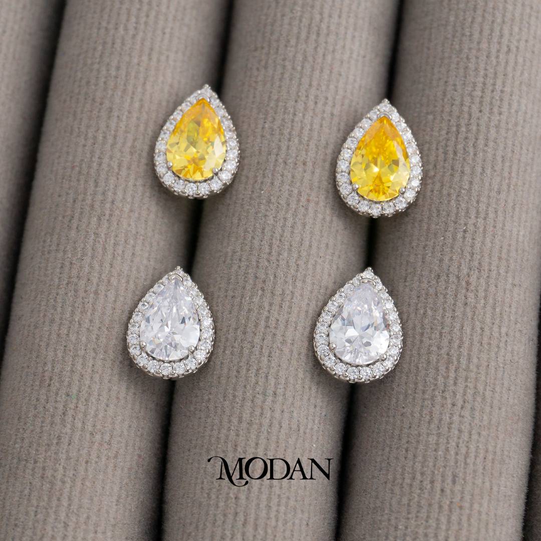 Clear Yellow Micro Pave Teardrop Stud Earrings Anting Tusuk Tetes Air Mata Pesta Pernikahan Hypoallergenic Gold Plated