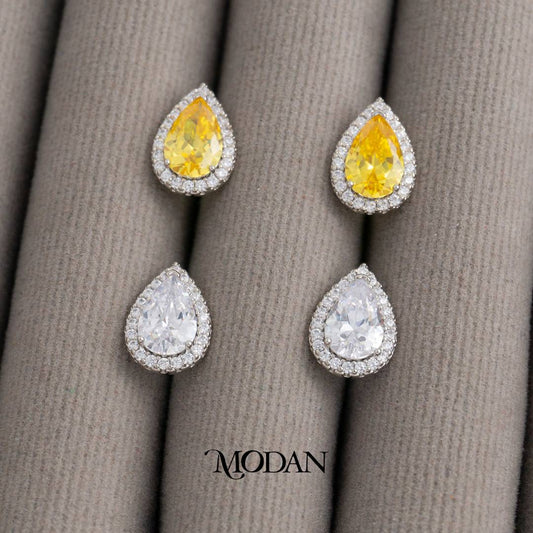 Clear Yellow Micro Pave Teardrop Stud Earrings Anting Tusuk Tetes Air Mata Pesta Pernikahan Hypoallergenic Gold Plated