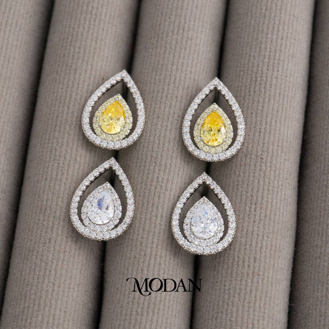 Clear Yellow Micro Pave Open Teardrop Stud Earrings Anting Tusuk Tetes Air Mata Pesta Pernikahan Hypoallergenic Gold Plated