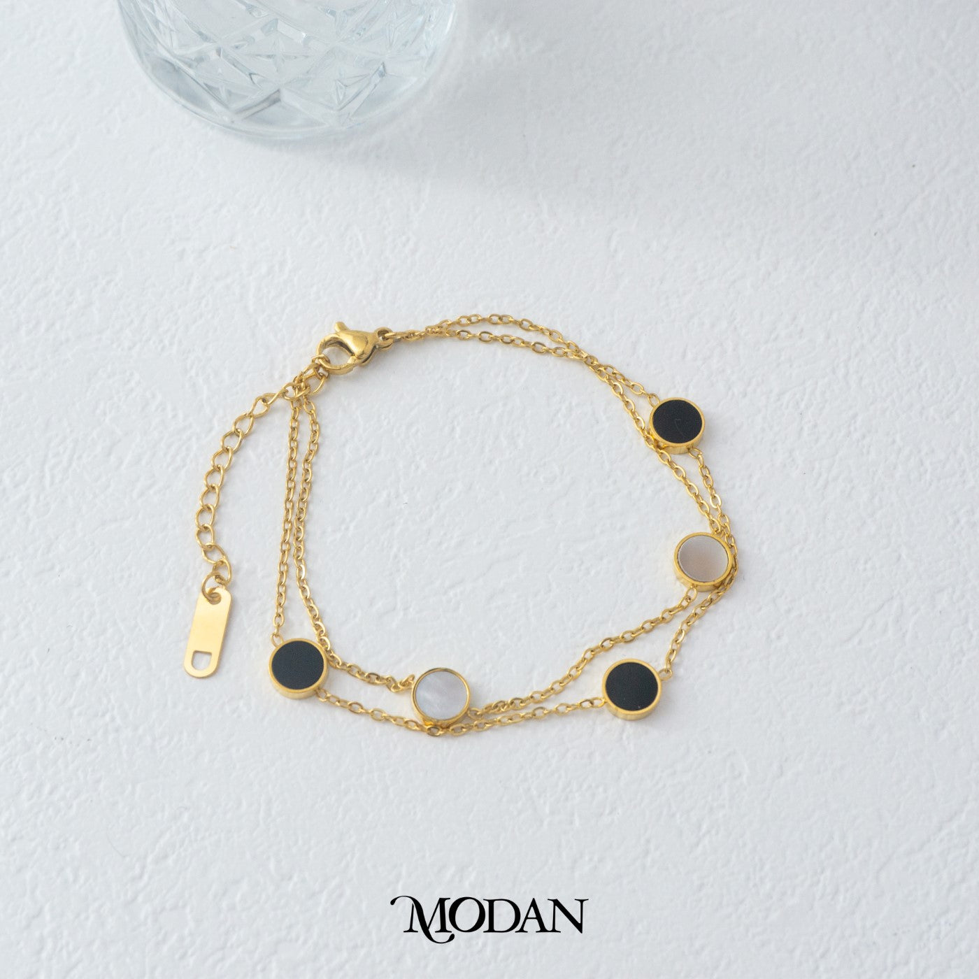 (17cm) Titanium Black and White Circle Double Layer Bracelet Gelang Rantai Hypoallergenic Stainless Steel