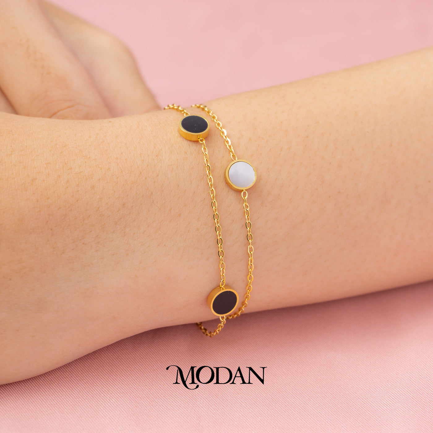 (17cm) Titanium Black and White Circle Double Layer Bracelet Gelang Rantai Hypoallergenic Stainless Steel