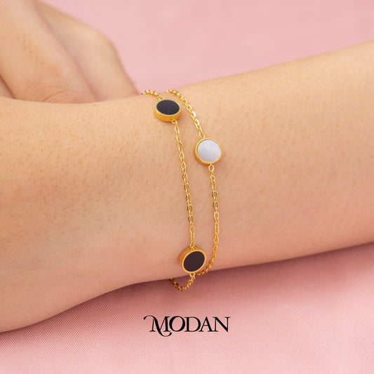 (17cm) Titanium Black and White Circle Double Layer Bracelet Gelang Rantai Hypoallergenic Stainless Steel