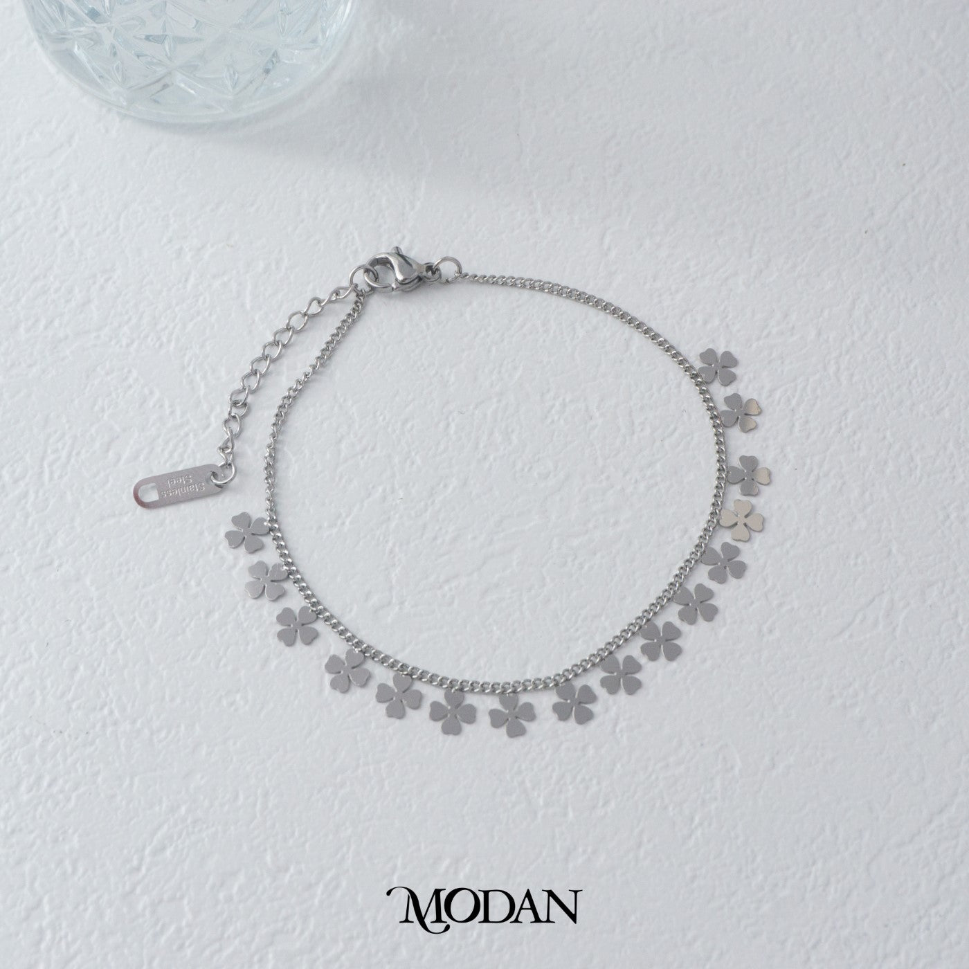 (17cm) Titanium Silver Plain Clover Vine Chain Bracelet Gelang Rantai Hypoallergenic Stainless Steel