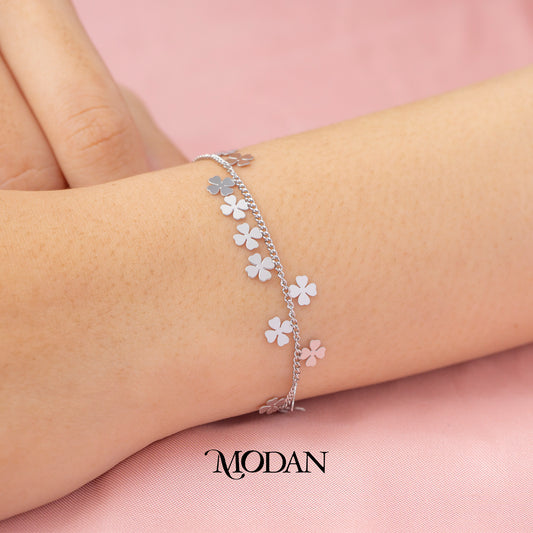 (17cm) Titanium Silver Plain Clover Vine Chain Bracelet Gelang Rantai Hypoallergenic Stainless Steel