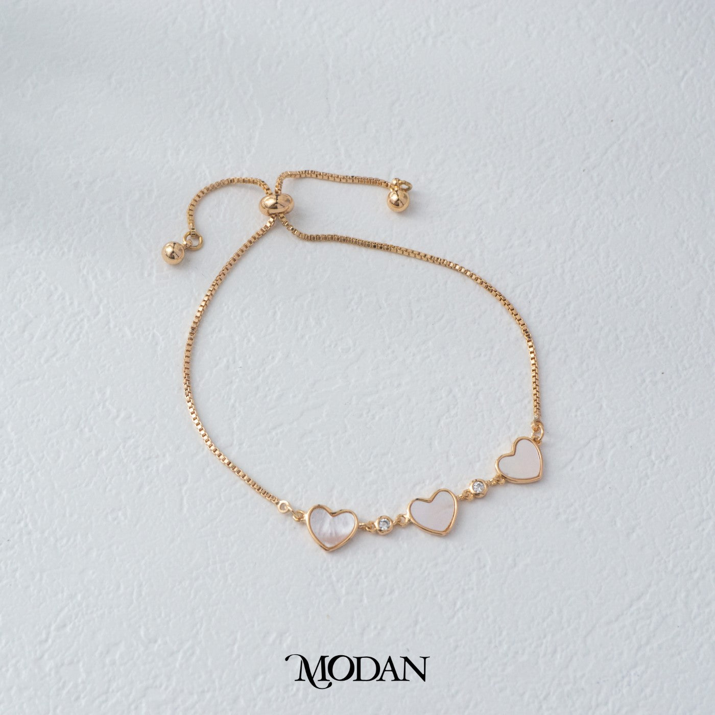 Triple White Love Heart Adjustable Bracelet Gelang Serut Hypoallergenic Gold Plated