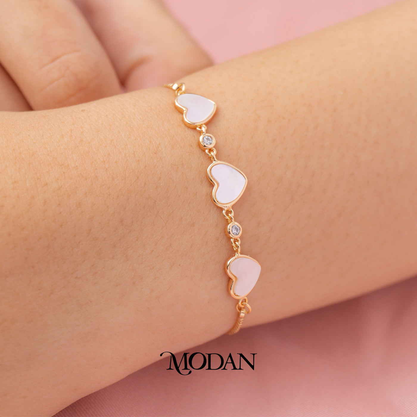 Triple White Love Heart Adjustable Bracelet Gelang Serut Hypoallergenic Gold Plated