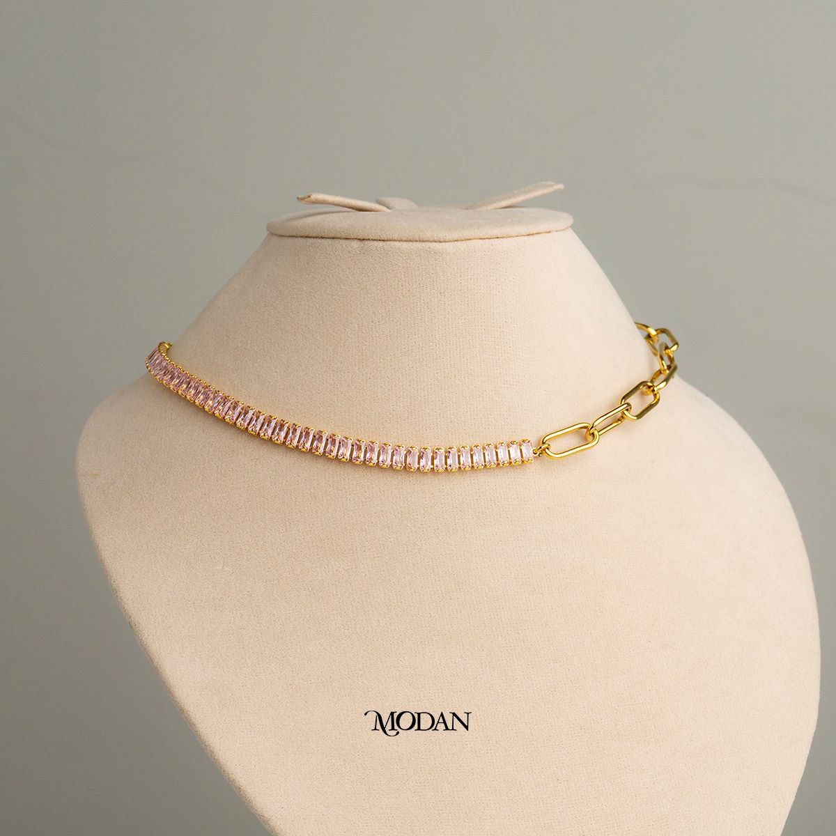 (40cm) Pink Peach Baguette Tennis Paperclip Necklace Kalung Hypoallergenic Gold Filled