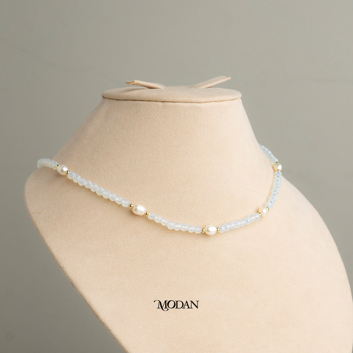 Blue Peach Clear Beaded Freshwater Necklace Kalung Manik Mutiara Crystal Hypoallergenic Gold Plated