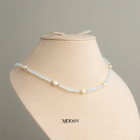 Blue Peach Clear Beaded Freshwater Necklace Kalung Manik Mutiara Crystal Hypoallergenic Gold Plated