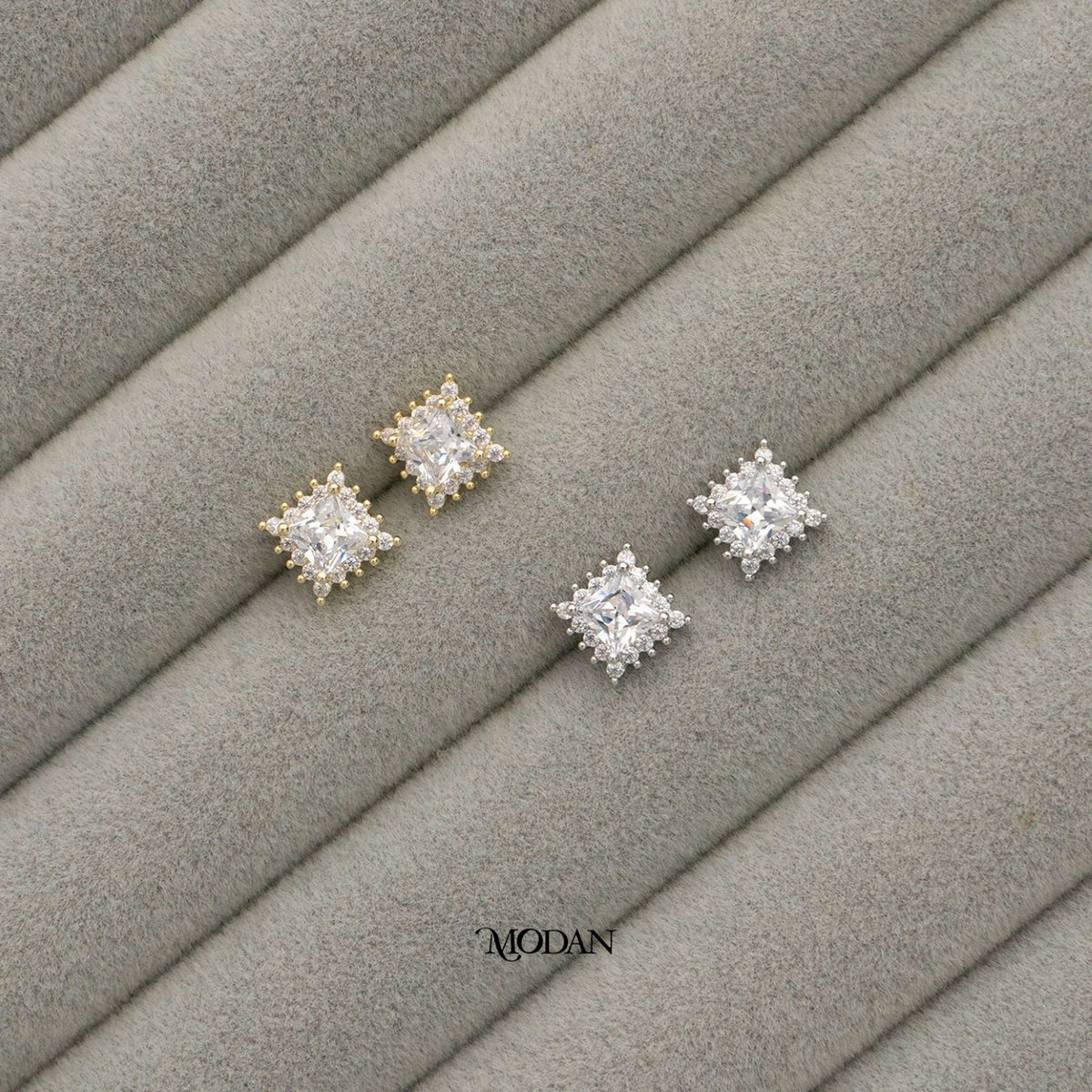 Elegant Square Zirconia Cluster Stud Earrings Anting Tusuk Wanita Kotak Batuan Pasir Hypoallergenic Gold Plated