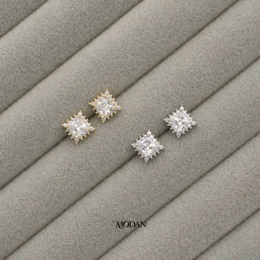 Elegant Square Zirconia Cluster Stud Earrings Anting Tusuk Wanita Kotak Batuan Pasir Hypoallergenic Gold Plated