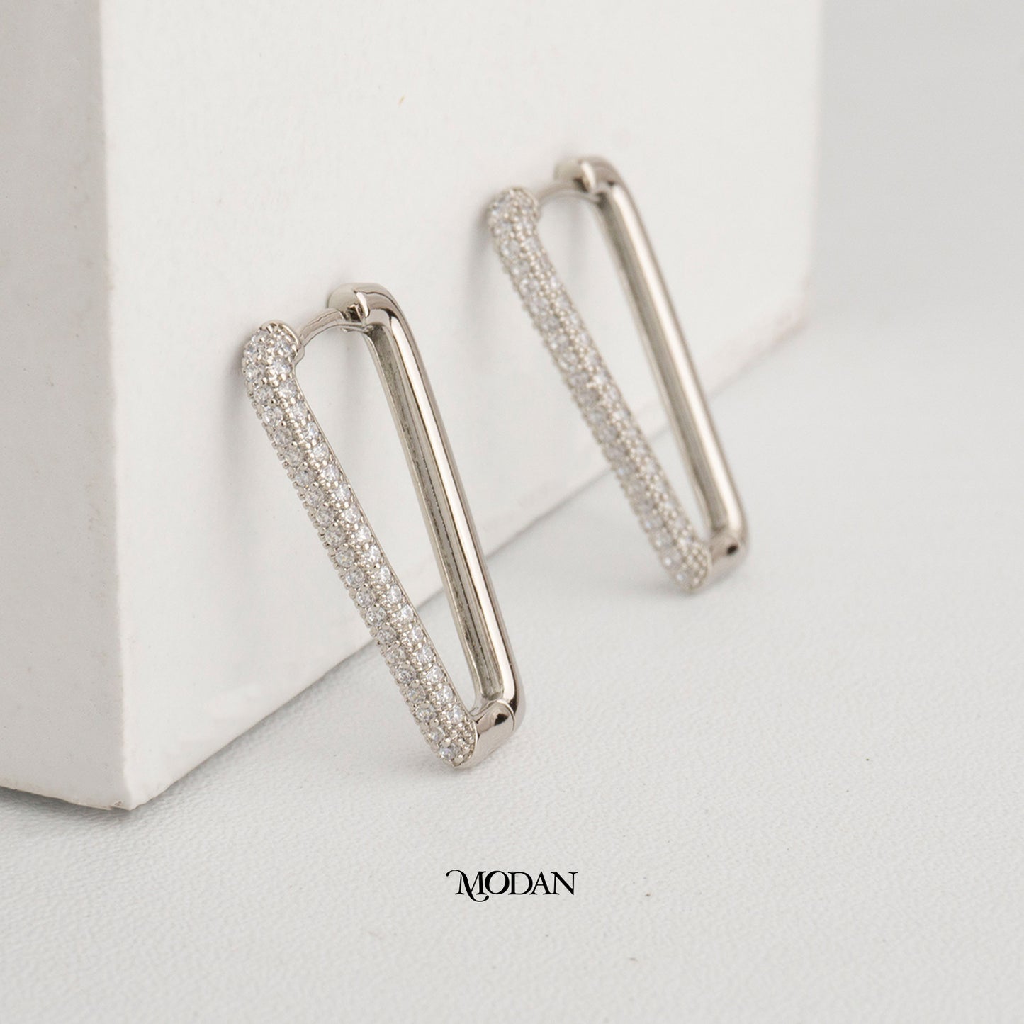 (23mm) Sparkling Zirconia Rectangular Hoop Earrings Anting Persegi Panjang Hypoallergenic Gold Plated