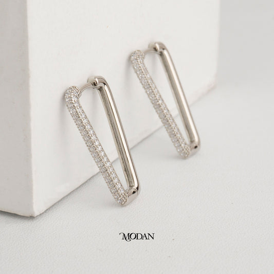 (23mm) Sparkling Zirconia Rectangular Hoop Earrings Anting Persegi Panjang Hypoallergenic Gold Plated