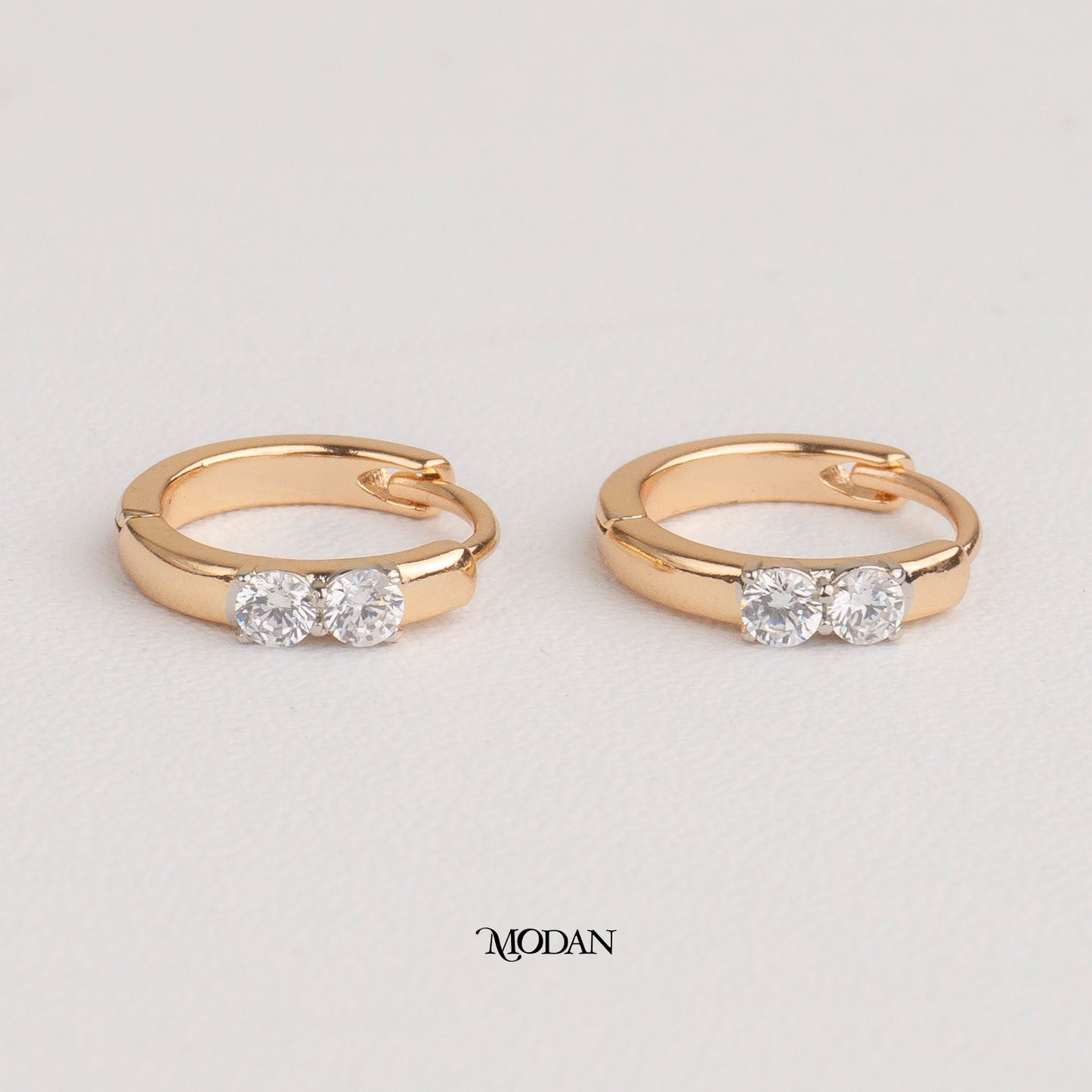 (13mm) Elegant Double CZ Mini Hoops Earrings Anting Bulat Hypoallergenic Gold Plated