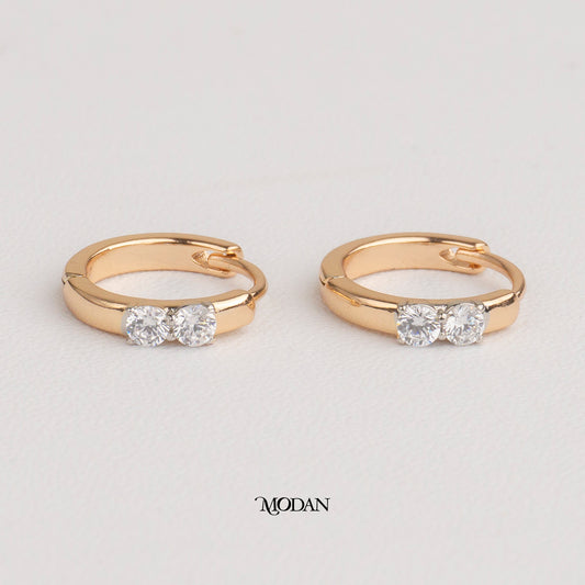 (13mm) Elegant Double CZ Mini Hoops Earrings Anting Bulat Hypoallergenic Gold Plated