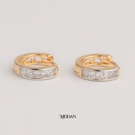 (13mm) Princess Cut Zirconia Hoop Earrings Anting Bulat Hypoallergenic Gold Plated