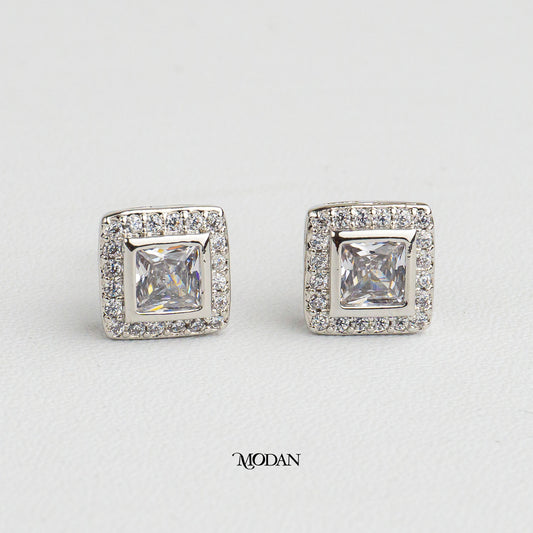 (9mm) Micro Pave Square Bezel Stud Earrings Anting Tusuk Persegi Hypoallergenic Gold Plated