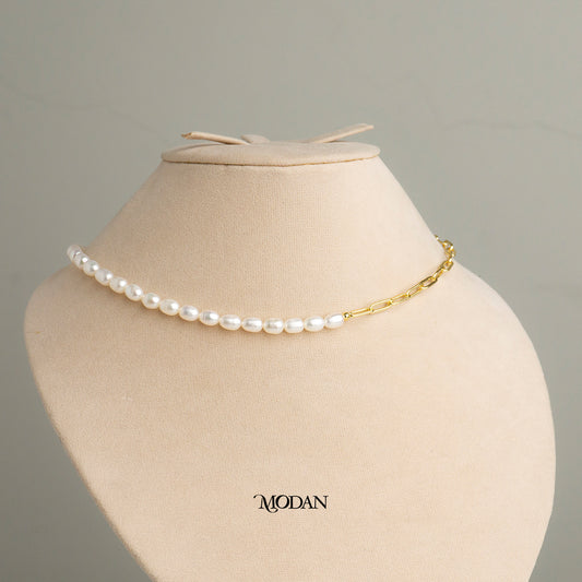 47.5cm Round Toggle White Freshwater Beaded Paperclip Necklace Kalung Mutiara Air Tawar Hypoallergenic Gold Plated