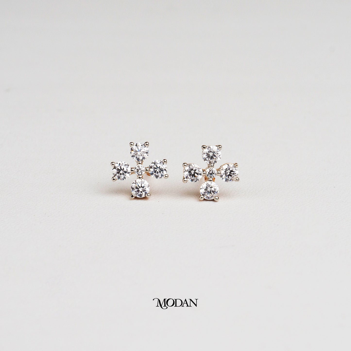 (9mm) Sparkling Mini Micro Paved Zirconia Four Petals Flower Stud Earrings Anting Tusuk Kelopak Bunga Hypoallergenic Gold Plated