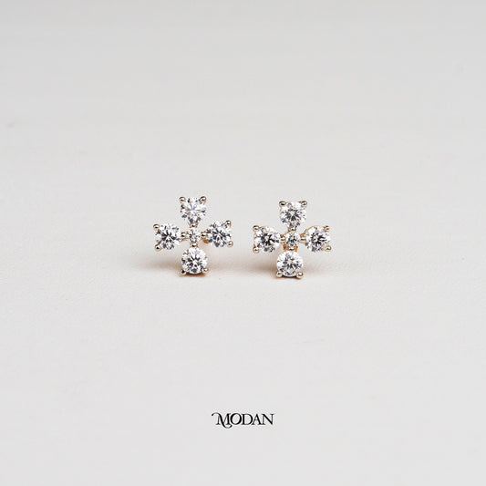 (9mm) Sparkling Mini Micro Paved Zirconia Four Petals Flower Stud Earrings Anting Tusuk Kelopak Bunga Hypoallergenic Gold Plated