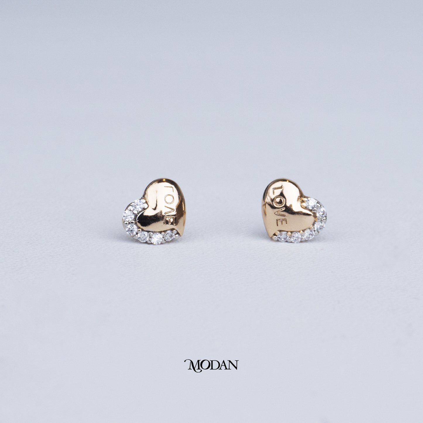 (7mm) Mini Micro Paved Zirconia Half Plain Heart Stud Earrings Anting Tusuk Hati Hypoallergenic Gold Plated