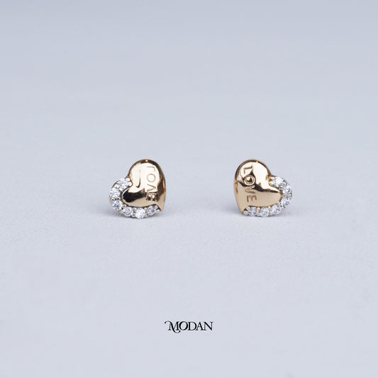 (7mm) Mini Micro Paved Zirconia Half Plain Heart Stud Earrings Anting Tusuk Hati Hypoallergenic Gold Plated
