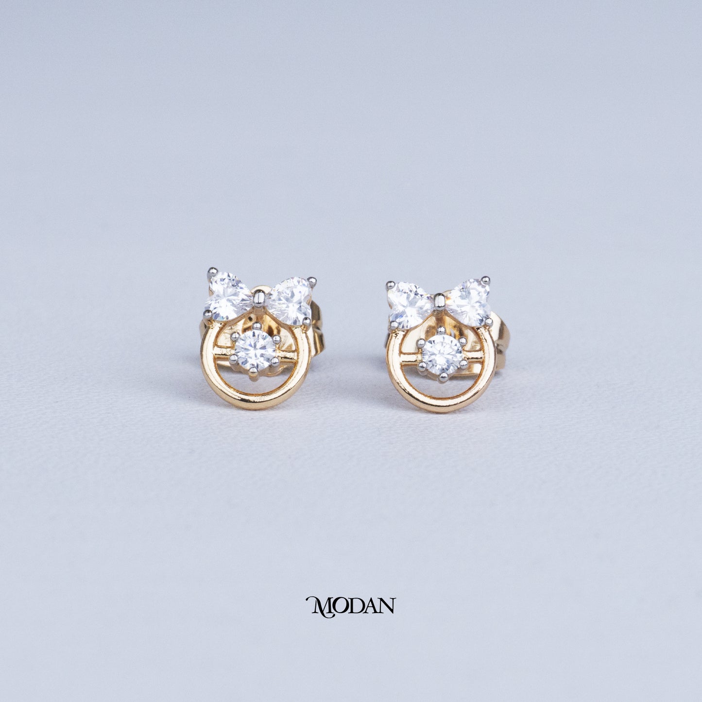 (9mm) Clear Zirconia Round Bow Stud Earrings Anting Tusuk Pita Hypoallergenic Gold Plated