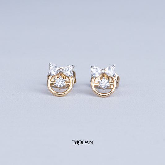 (9mm) Clear Zirconia Round Bow Stud Earrings Anting Tusuk Pita Hypoallergenic Gold Plated