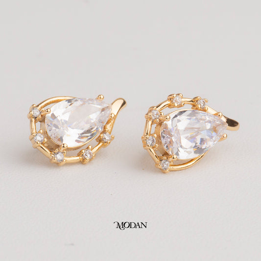 (19mm) Simple Teardrop Dotted Zirconia Hoop Earrings Anting Tetes Air Mata Hypoallergenic Gold Plated