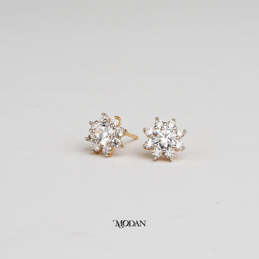 (10mm) Sparkling Mini Micro Paved Zirconia Eight Petals Snowflakes Stud Earrings Anting Tusuk Butir Salju Hypoallergenic Gold Plated
