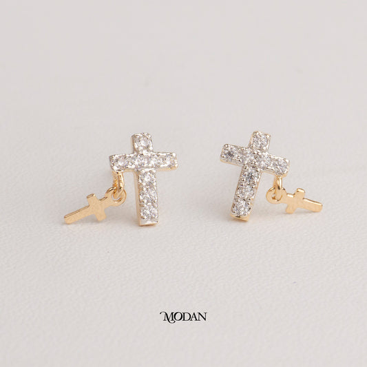 (8mm) Sparkling Mini Cross With Dangle Stud Earrings Anting Tusuk Salib Hypoallergenic Gold Plated