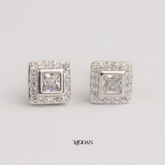(8mm) Micro Pave Square Bezel Stud Earrings Anting Tusuk Persegi Hypoallergenic Gold Plated