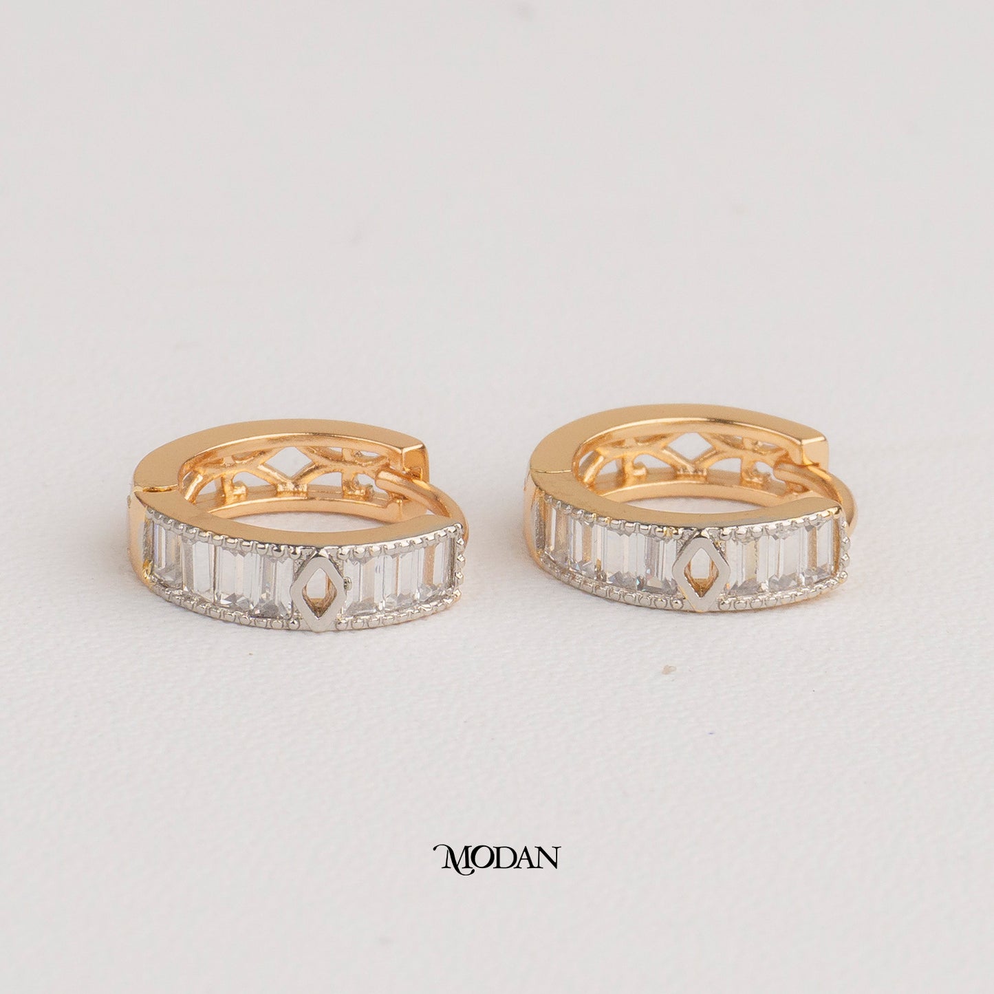 (14mm) Rosegold Baguette Bar Zirconia Mini Hoop Earrings Anting Bulat Hypoallergenic Gold Plated