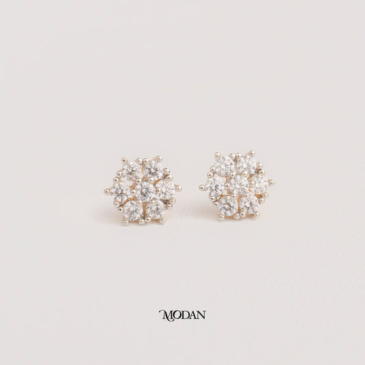 (8mm) Micro Paved Zirconia Flower Stud Earrings Anting Tusuk Bunga Bulat Hypoallergenic Gold Plated