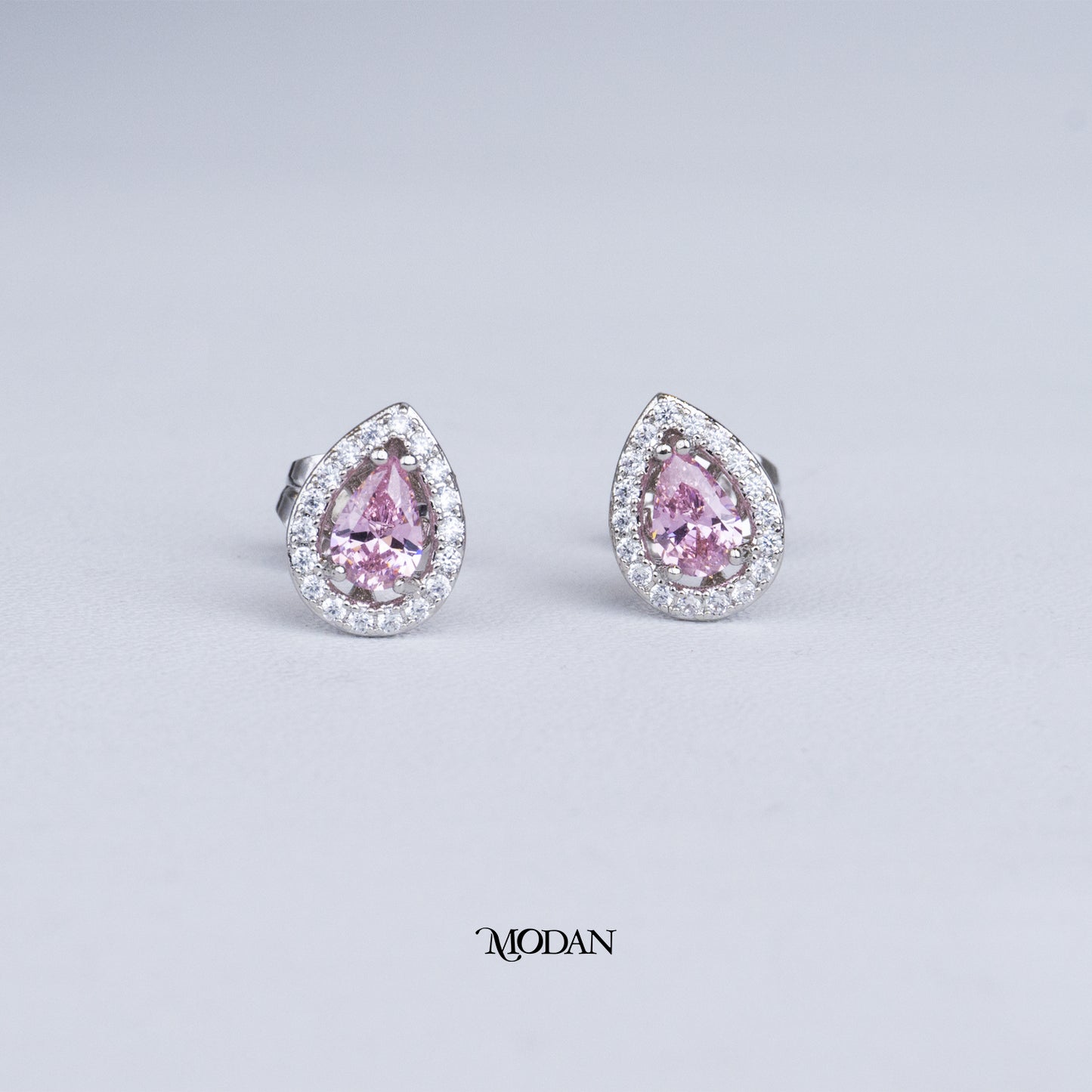 (11mm) Micro Paved Clear & Pink Teardrop Stud Earrings Anting Tusuk Tetes Air Mata Hypoallergenic Gold Plated