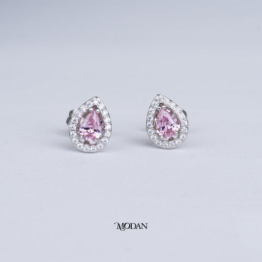 (11mm) Micro Paved Clear & Pink Teardrop Stud Earrings Anting Tusuk Tetes Air Mata Hypoallergenic Gold Plated