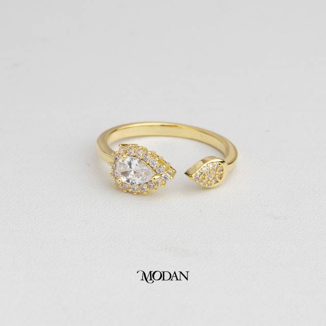 Minimalist Tear And Leaf Open Ring Cincin Air Mata & Daun Minimalis Hypoallergenic Gold Plated