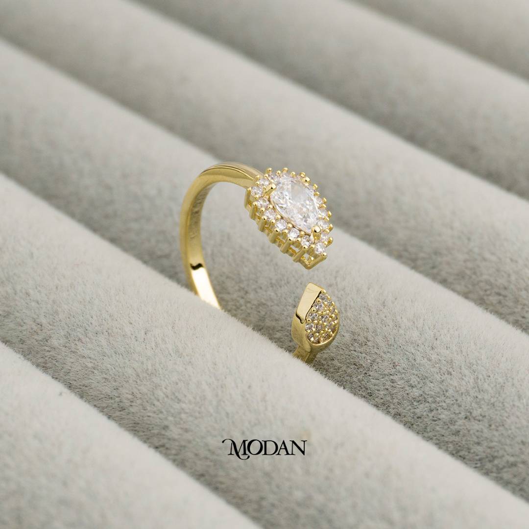 Minimalist Tear And Leaf Open Ring Cincin Air Mata & Daun Minimalis Hypoallergenic Gold Plated
