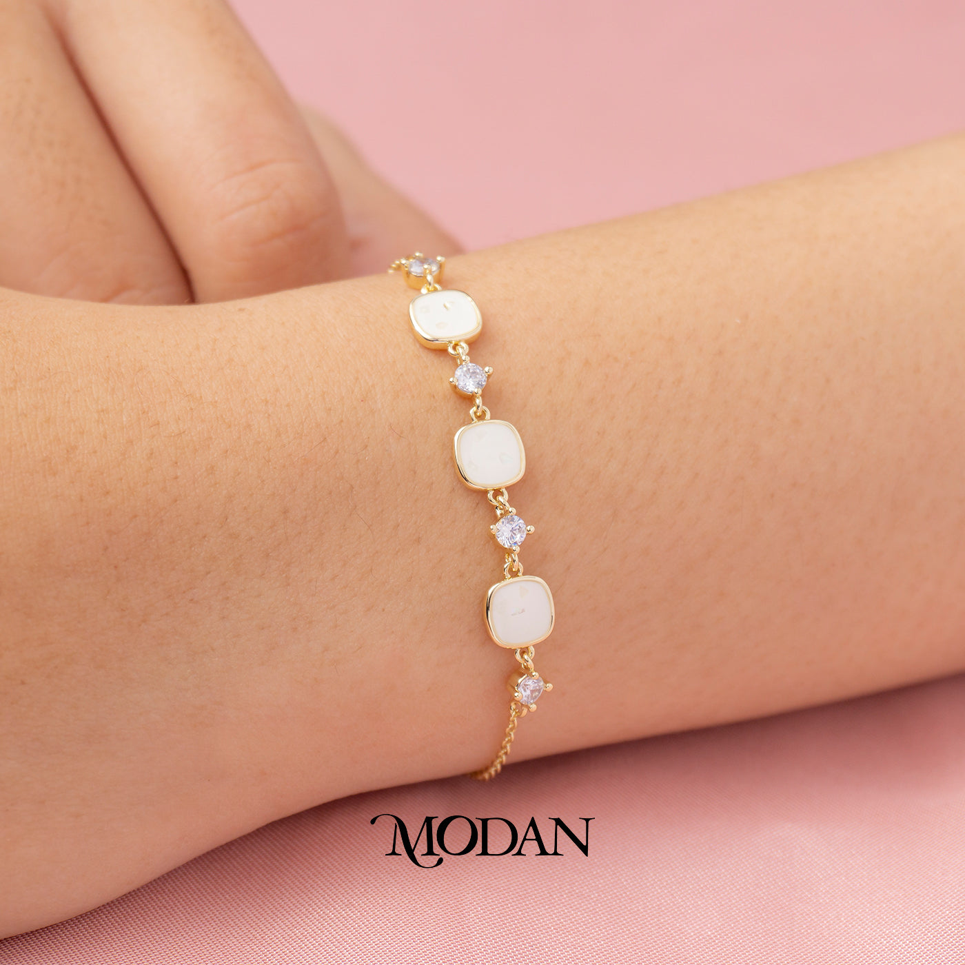 (16cm) Triple Square Moonstone Adjustable Bracelet Gelang Serut Hypoallergenic Gold Plated