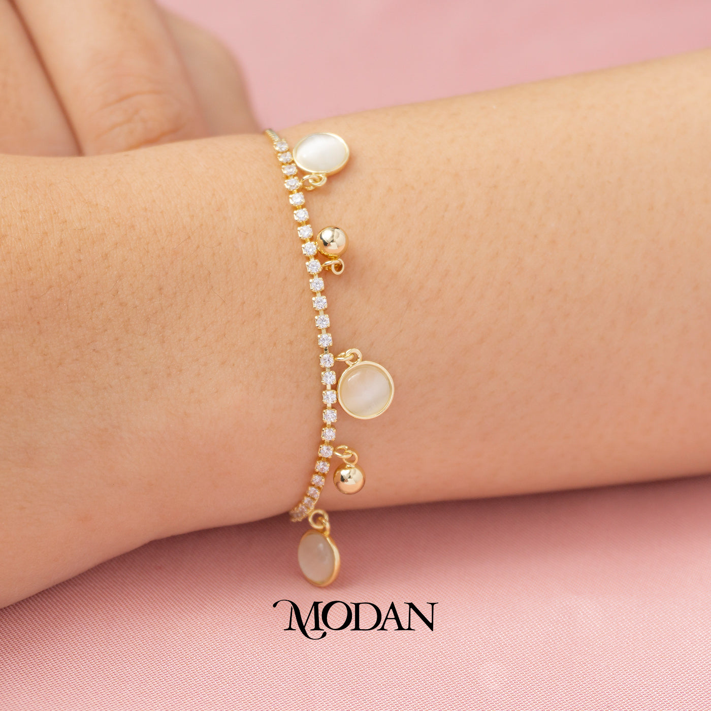 Micro Paved Zirconia Triple Round Moonstone Adjustable Bracelet Gelang Serut Hypoallergenic Gold Plated