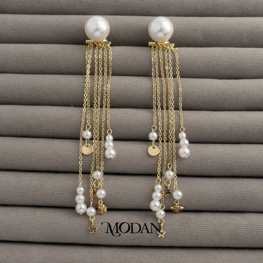 Shell Pearl Long Drop Stud Earrings Anting Tusuk Mutiara Pesta Pernikahan Hypoallergenic Gold Plated