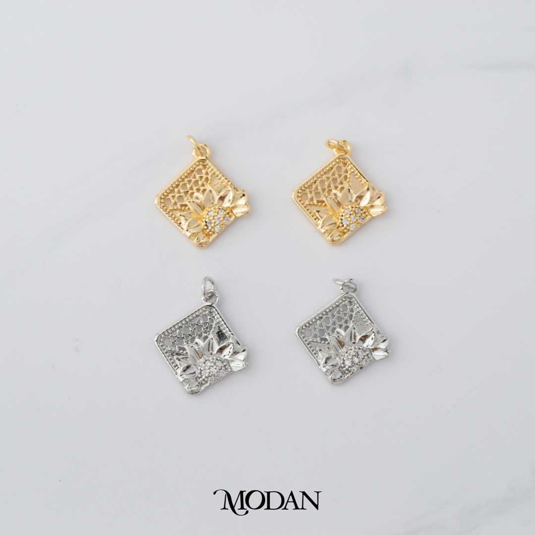 Batik Flower Geometric DIY Charm Liontin Bunga Belah Ketupat Traditional Hypoallergenic Gold Filled