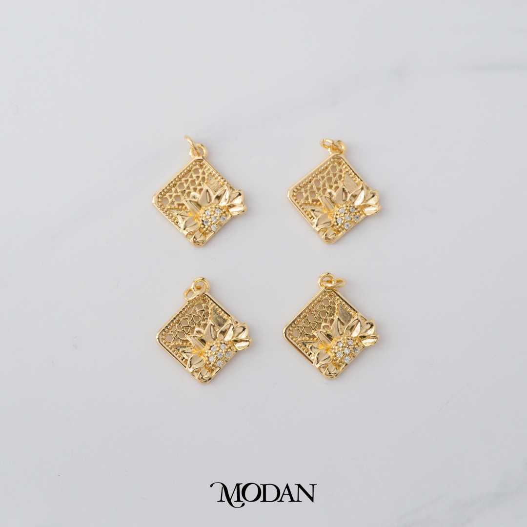 Batik Flower Geometric DIY Charm Liontin Bunga Belah Ketupat Traditional Hypoallergenic Gold Filled