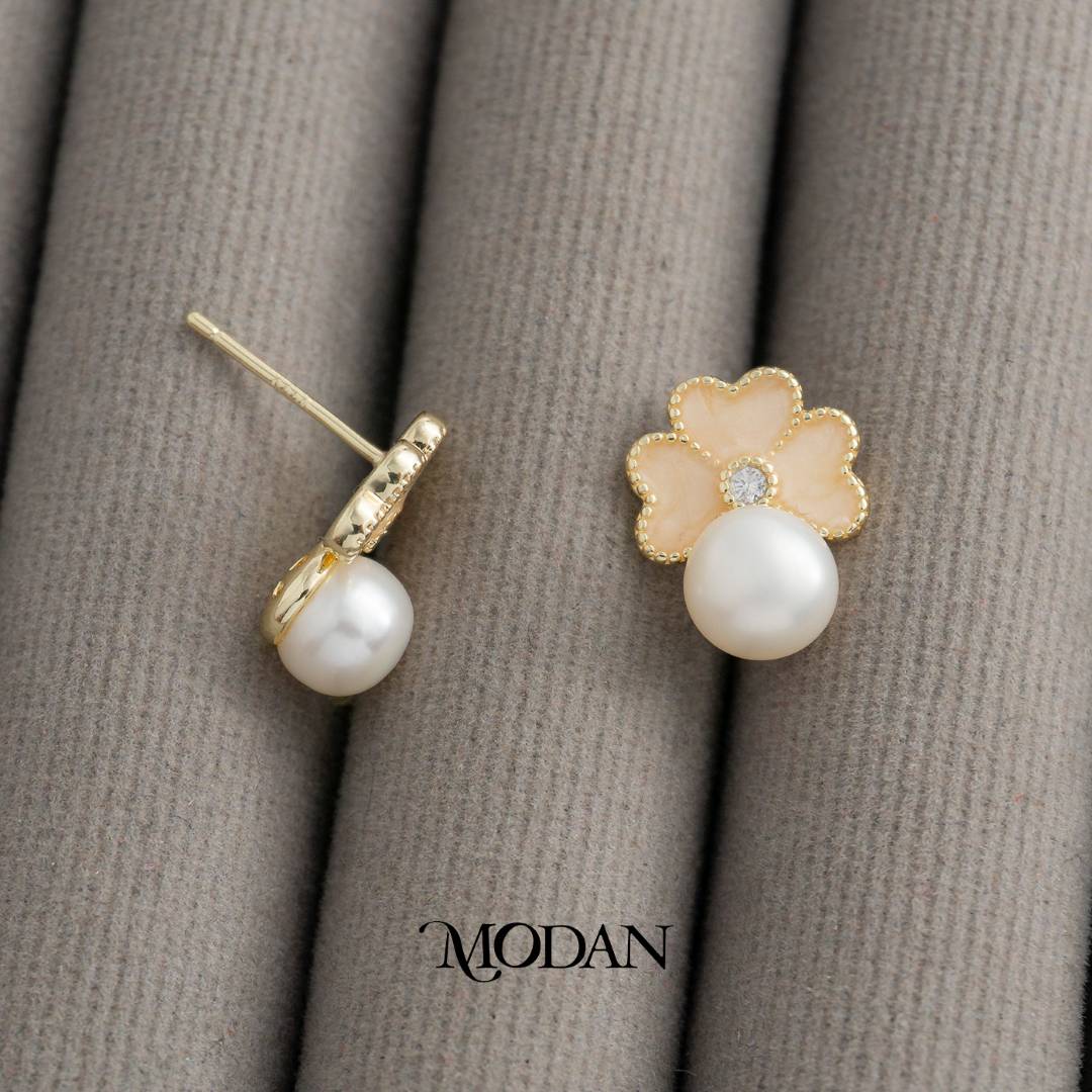 Sparkling Shell Pearl Half Flower Stud Earrings Anting Tusuk Bunga Mutiara Hypoallergenic Gold Plated