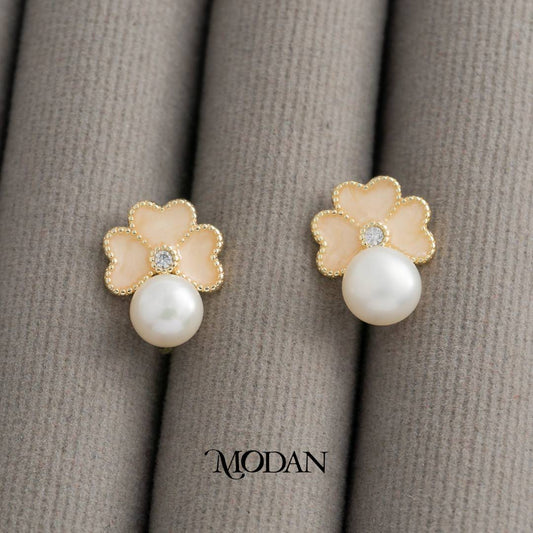 Sparkling Shell Pearl Half Flower Stud Earrings Anting Tusuk Bunga Mutiara Hypoallergenic Gold Plated