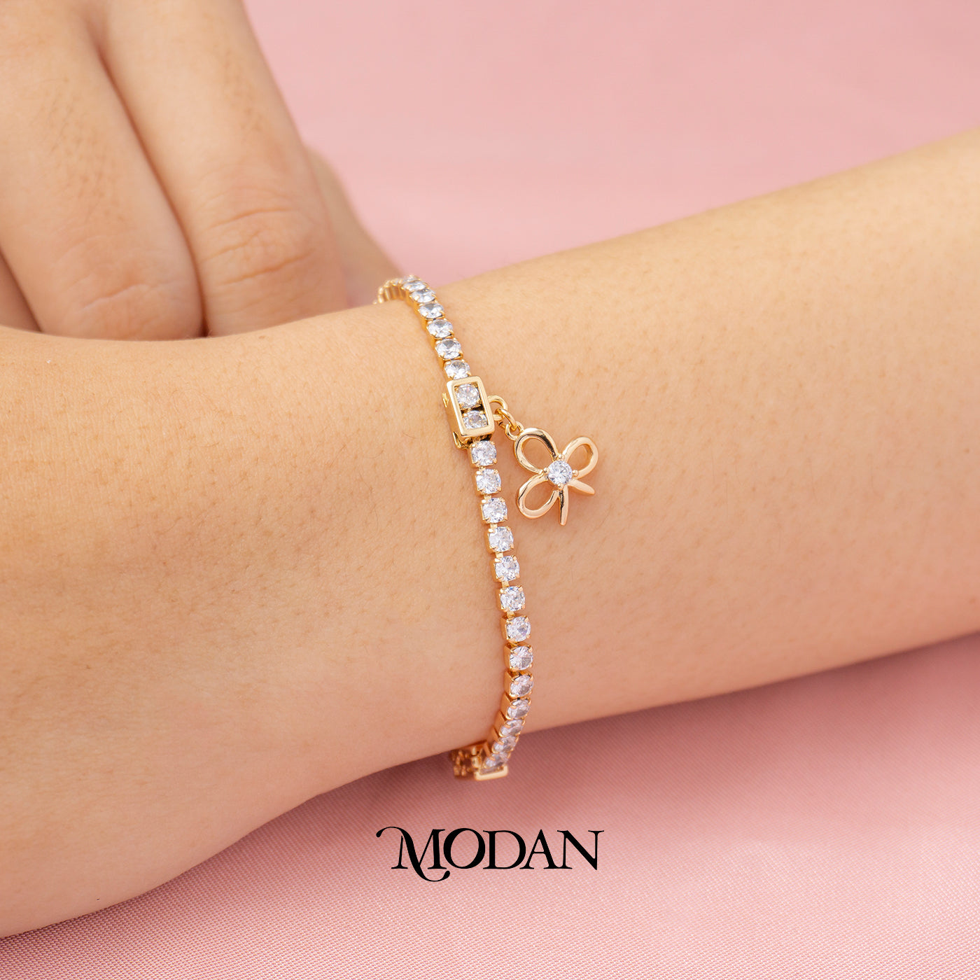 Sparkling Tennis Ribbon Coquette Dangle Adjustable Bracelet Gelang Pesta Hypoallergenic Gold Filled