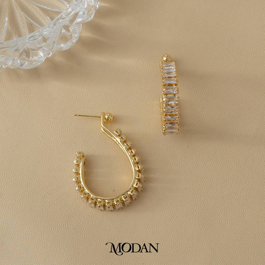 (39mm) Colorful Trendy Baguette Statement U Shaped Hoop Earrings Anting Bentuk U Hypoallergenic Gold Plated