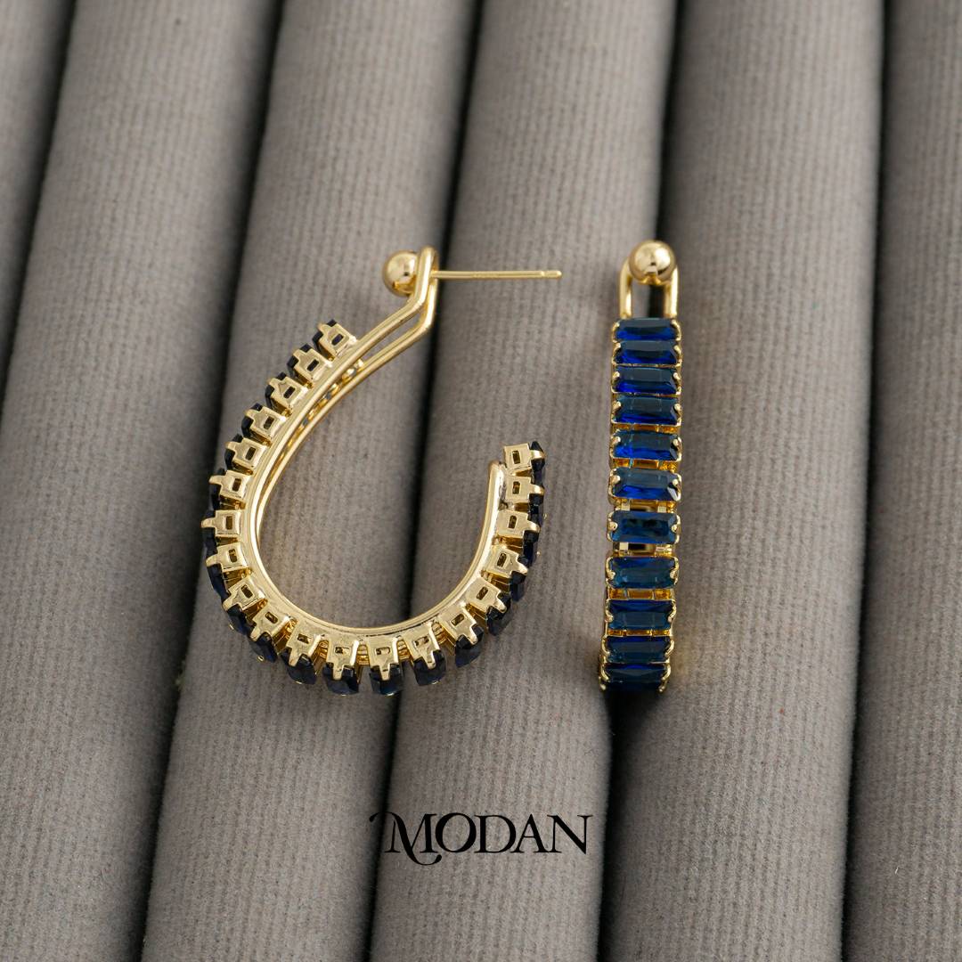 (39mm) Colorful Trendy Baguette Statement U Shaped Hoop Earrings Anting Bentuk U Hypoallergenic Gold Plated