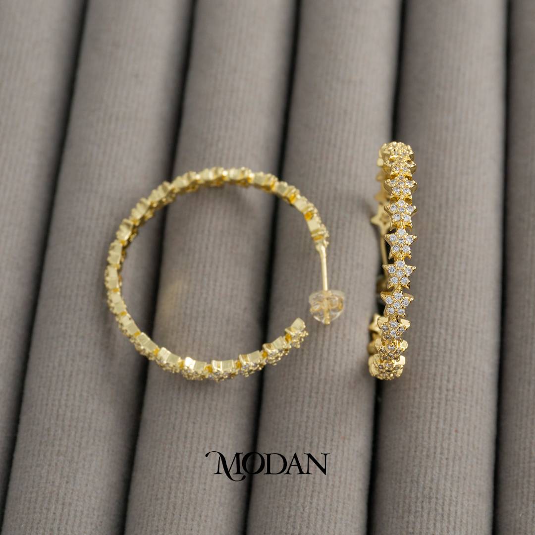 Micro Pave Celestial Star Statement Hoop Earrings Anting Bulat Bintang Hypoallergenic Gold Filled