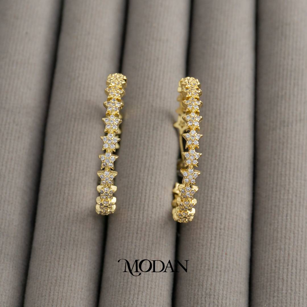 Micro Pave Celestial Star Statement Hoop Earrings Anting Bulat Bintang Hypoallergenic Gold Filled